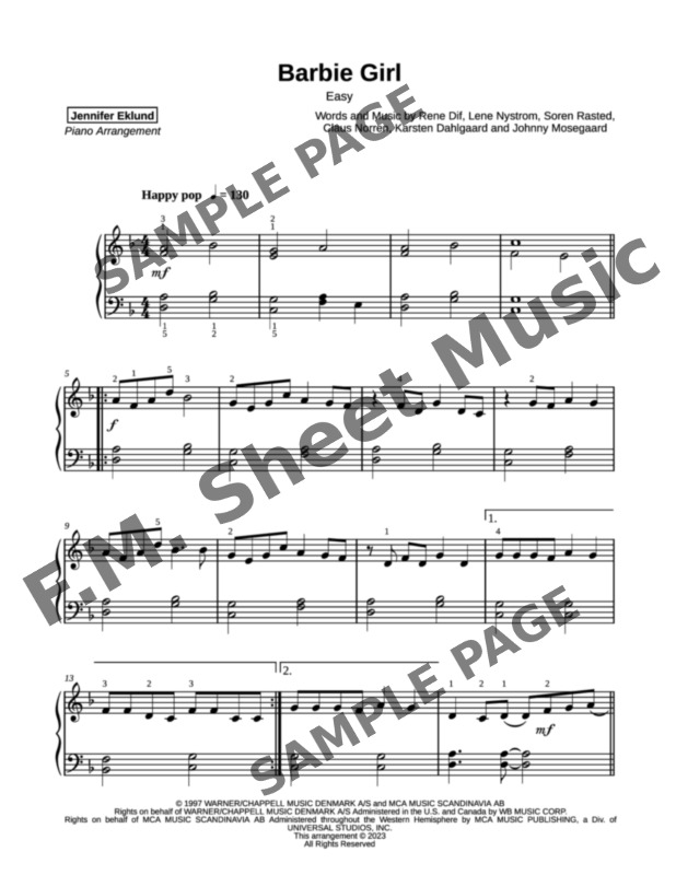 Barbie Girl Easy Piano By Aqua F M Sheet Music Pop Arrangements